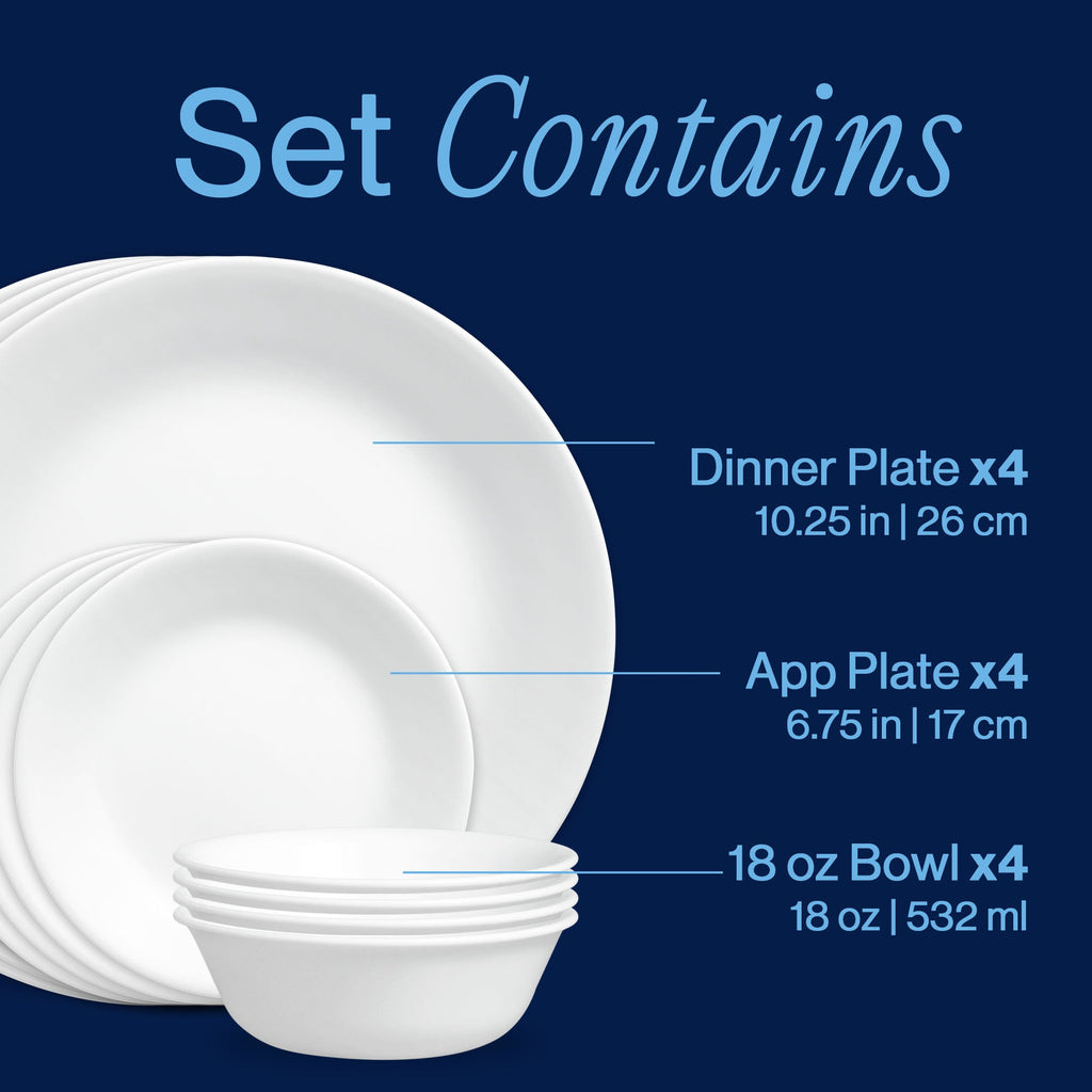 Corelle® Winter Frost White 12-piece Dinnerware Set. Service for 4