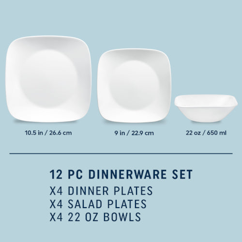 Corelle® Square™ Pure White 12-piece Dinnerware Set. Service for 4