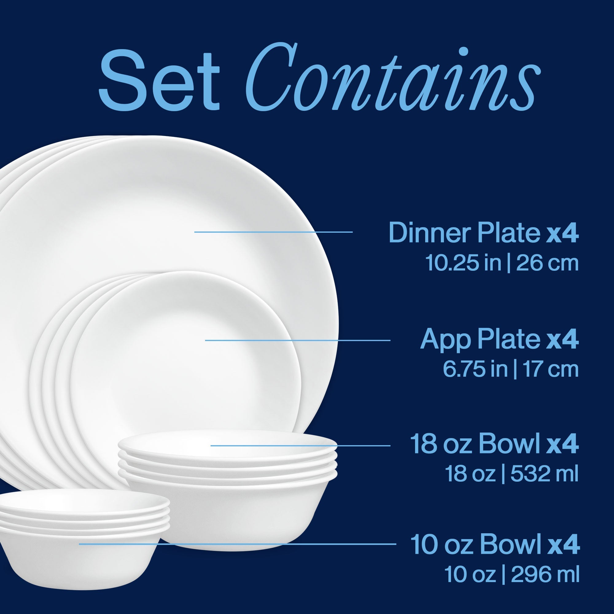 Corelle® Winter Frost White 16-piece Mugless Dinnerware Set. Service for 4