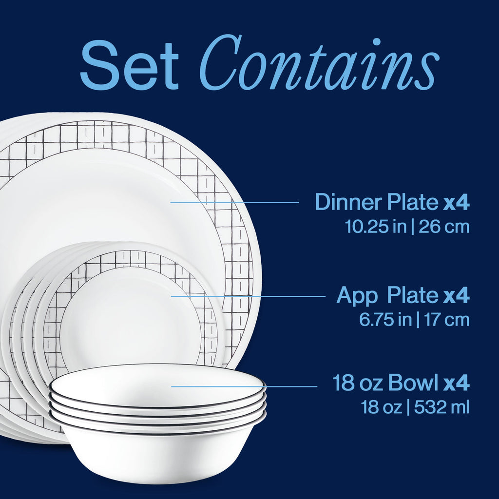 Corelle® Delicate Grid 12-piece Dinnerware Set. Service for 4