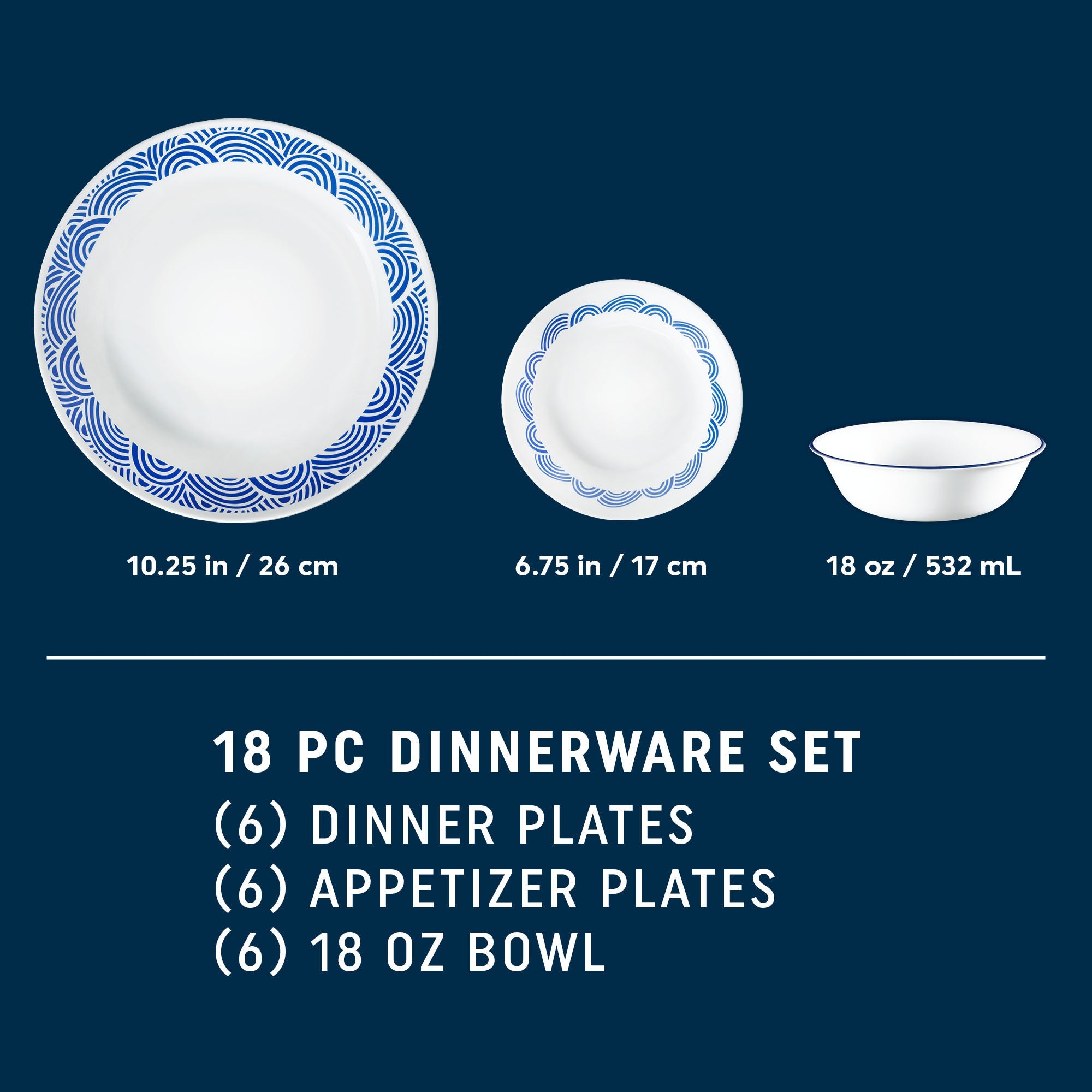 Corelle® Rolling Waves 18-piece Dinnerware Set. Service for 6