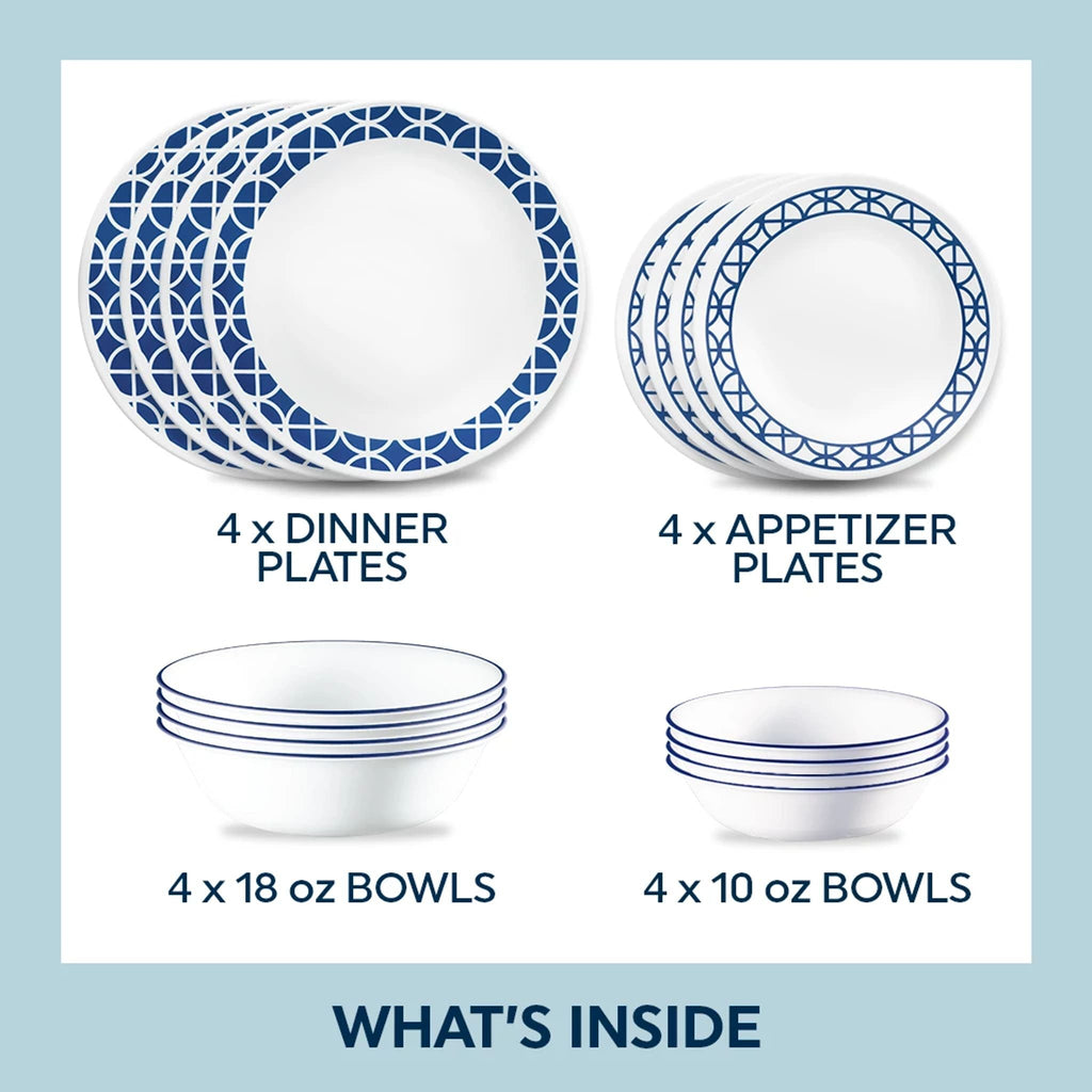 Corelle® Cobalt Circles 16-piece Mugless Dinnerware Set. Service of 4