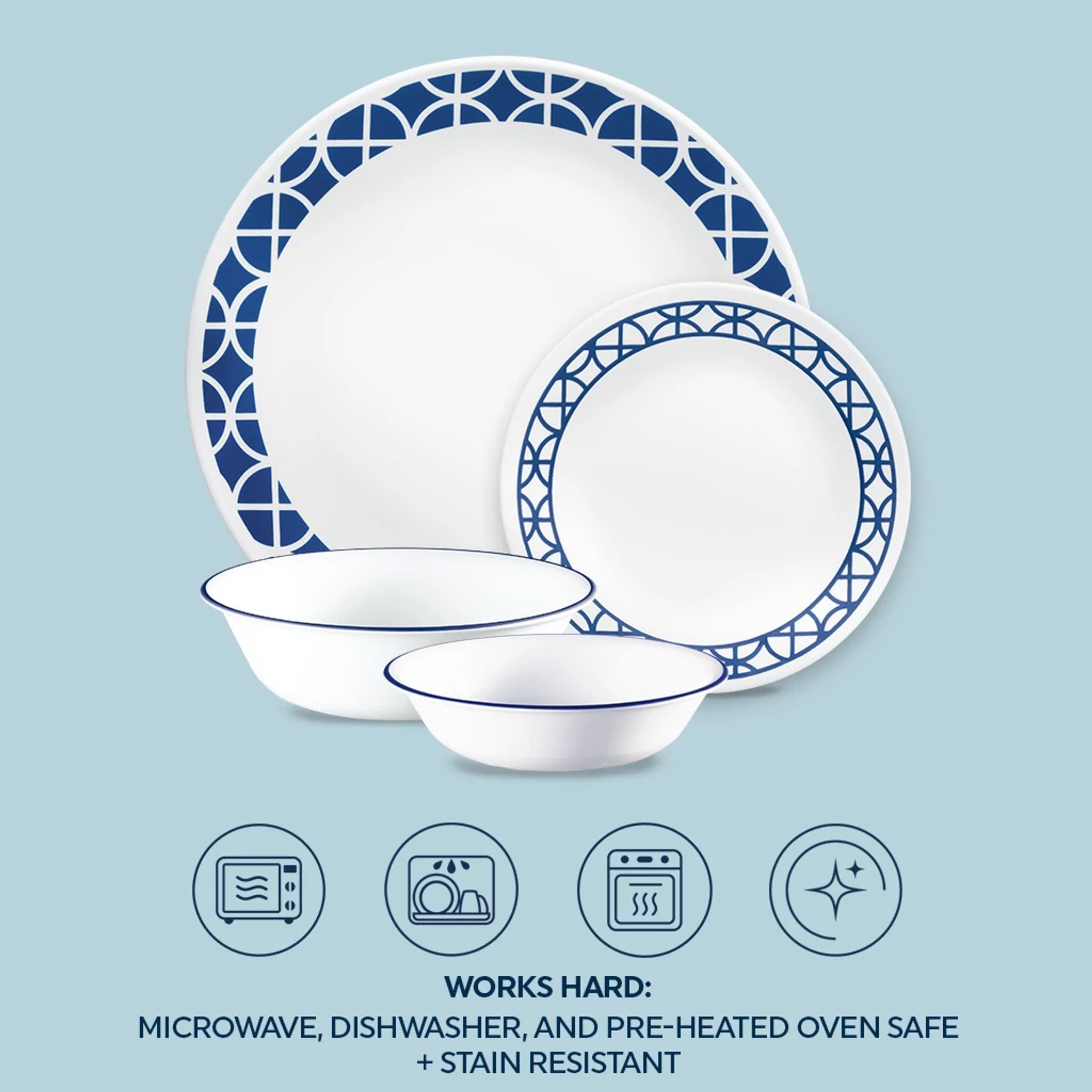 Corelle® Cobalt Circles 16-piece Mugless Dinnerware Set. Service of 4