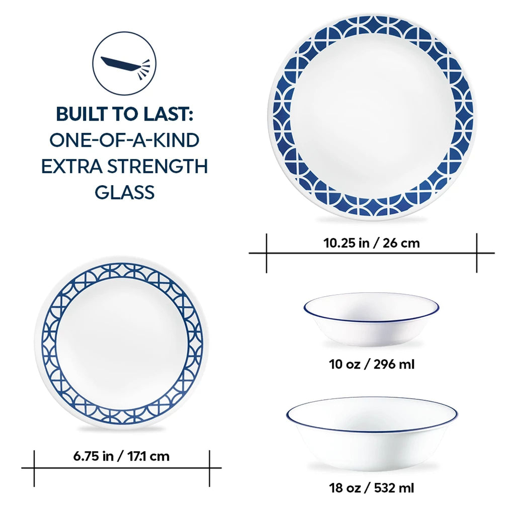 Corelle® Cobalt Circles 16-piece Mugless Dinnerware Set. Service of 4