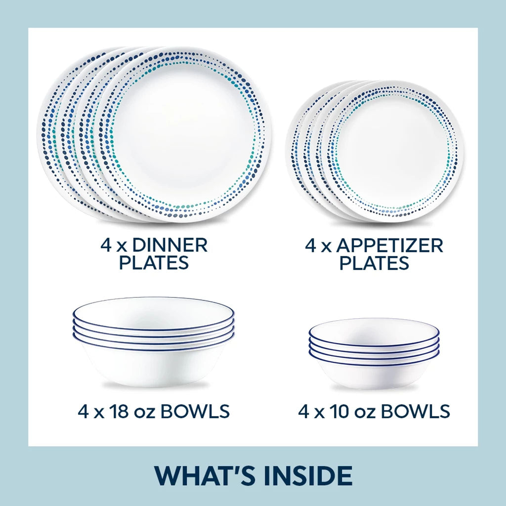 Corelle® Ocean Blues 16-piece Mugless Dinnerware Set. Service of 4