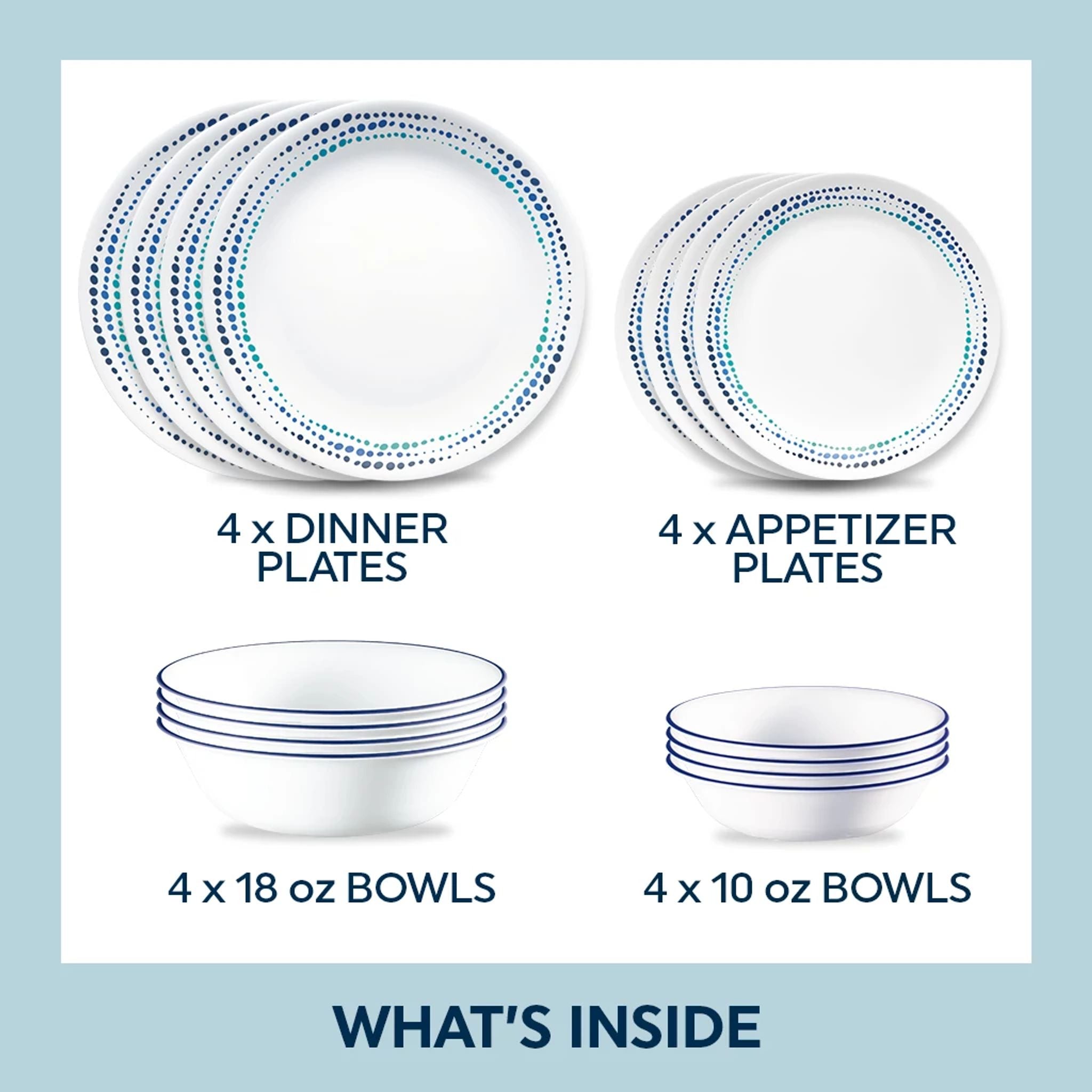 Corelle® Ocean Blues 16-piece Mugless Dinnerware Set. Service of 4
