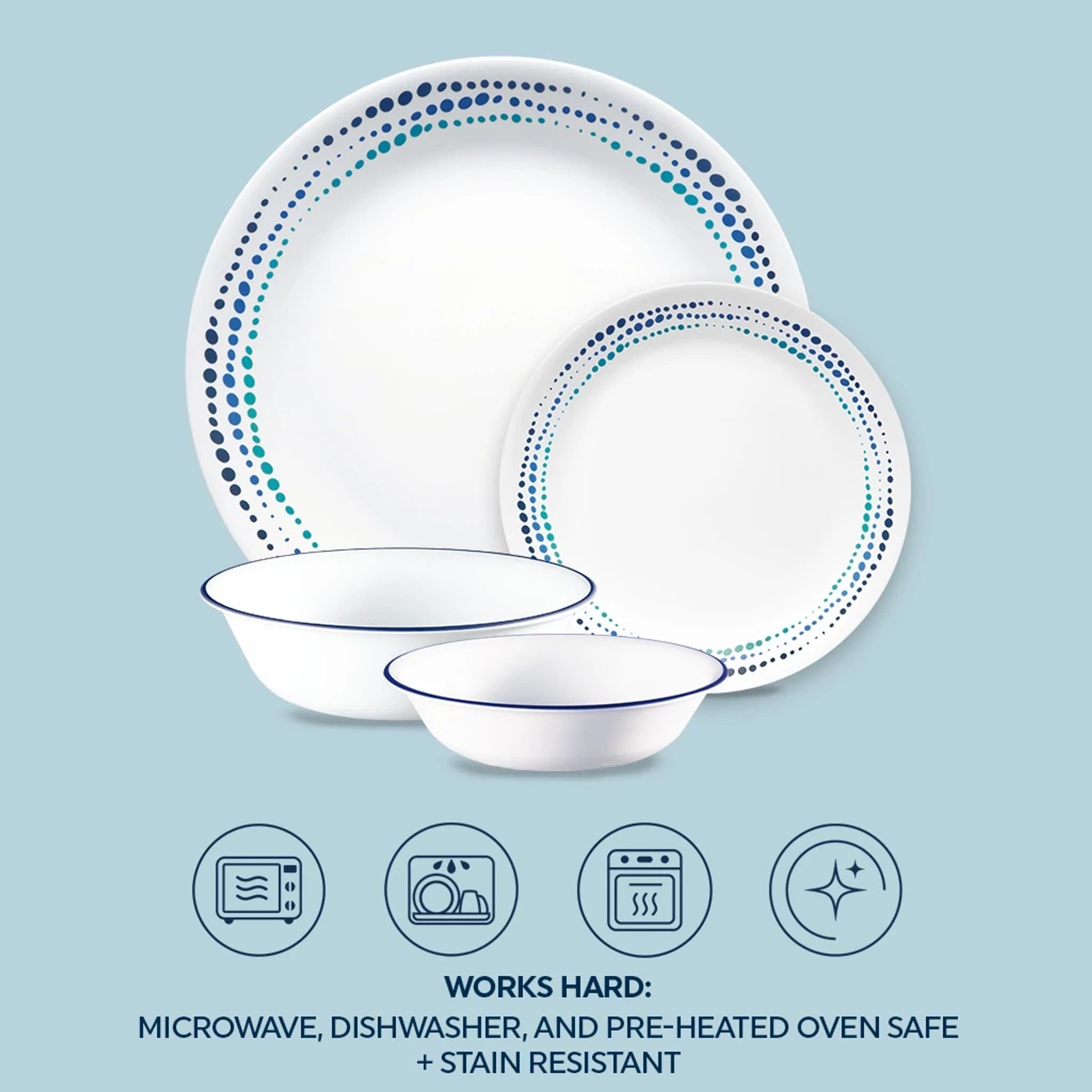 Corelle® Ocean Blues 16-piece Mugless Dinnerware Set. Service of 4