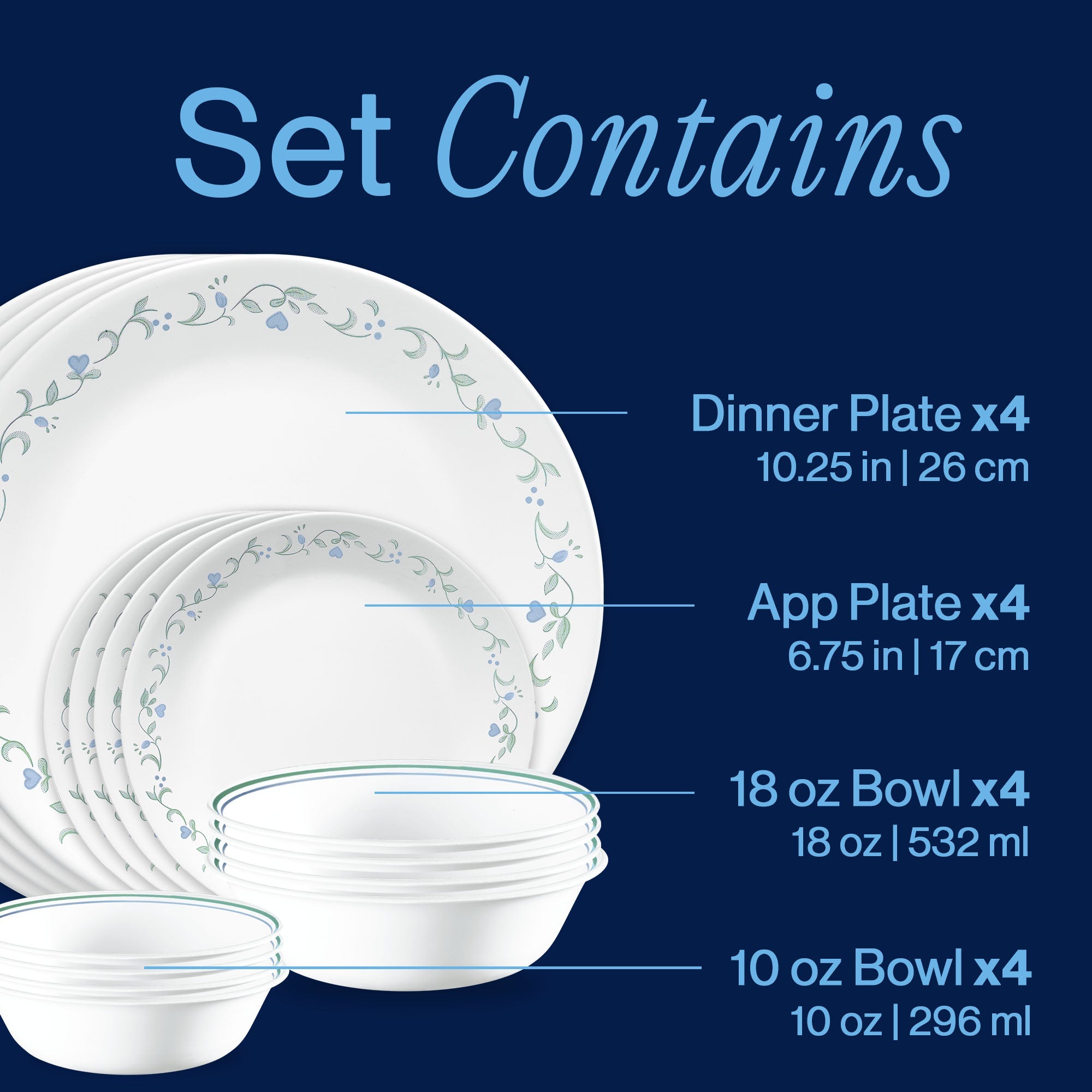 Corelle® Country Cottage 16-piece Mugless Dinnerware Set. Service for 4