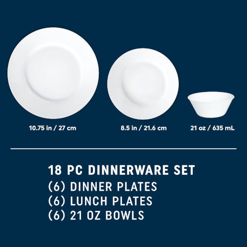 Corelle® Dazzling White Wide Rim 18pc Set. Service for 6