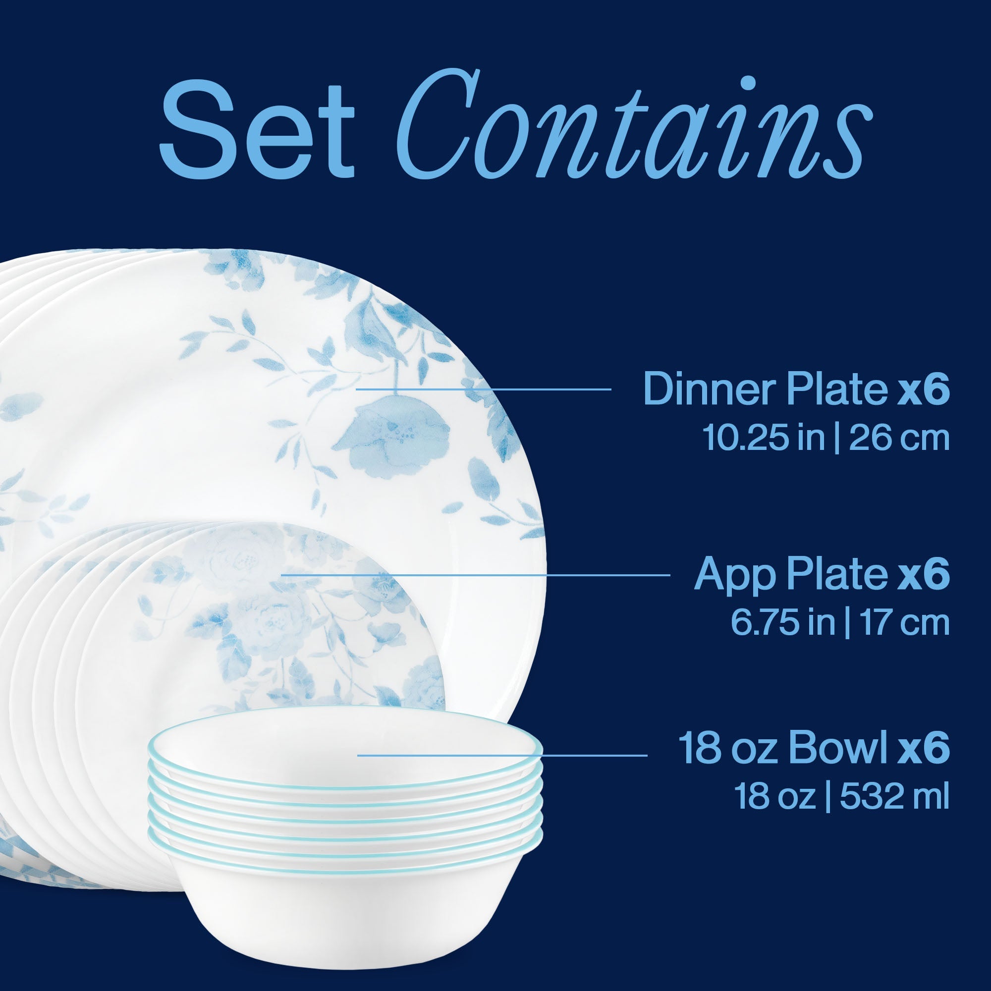 Corelle® Blue Bouquet 18-piece Dinnerware Set. Service for 6