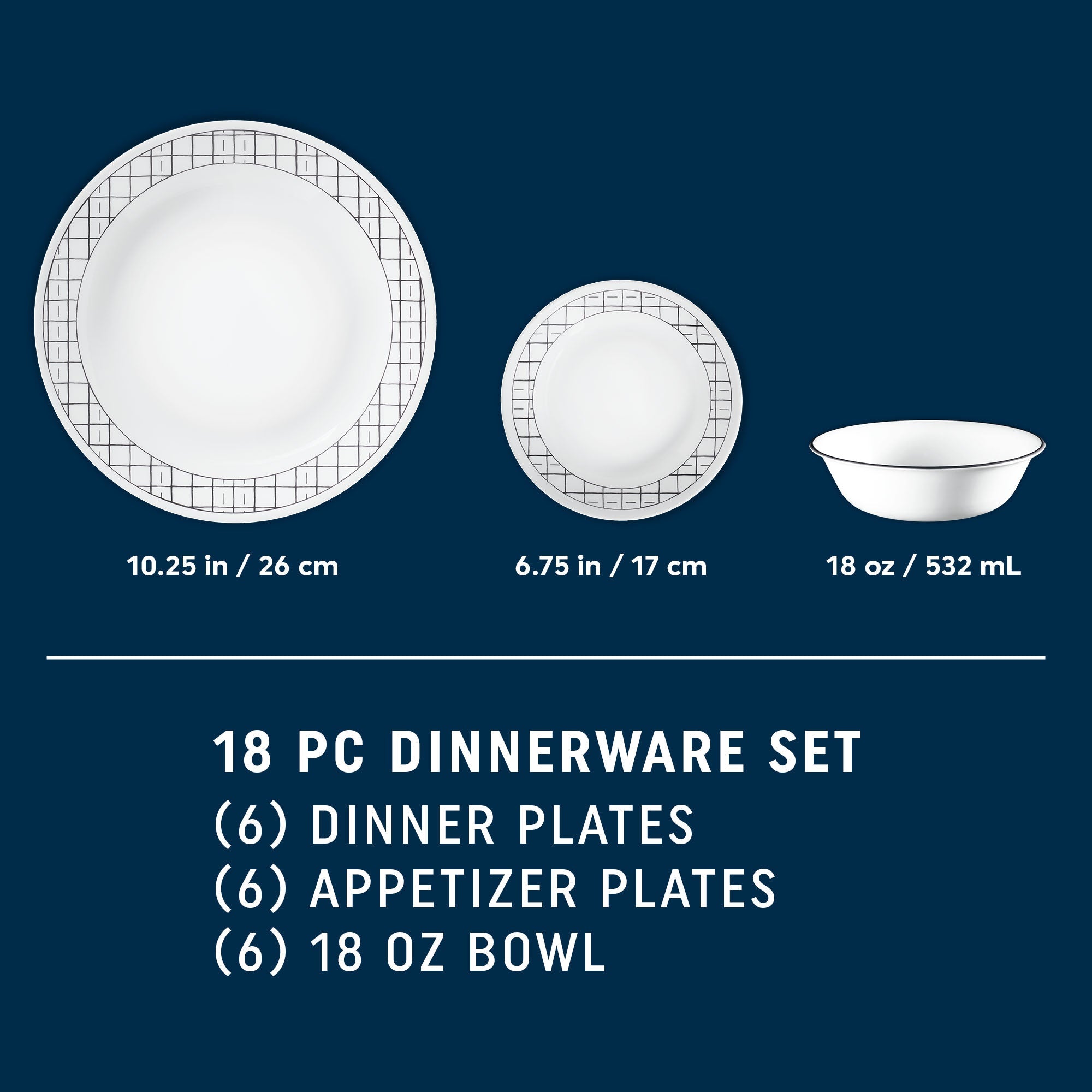 Corelle® Delicate Grid 18-piece Dinnerware Set. Service for 6